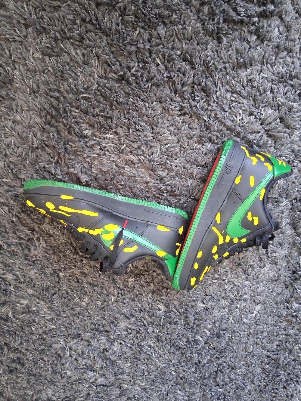 Nike Air Force 1 Black with Yellow Paint Splatter and Green Swoosh - Picture 2 of 6